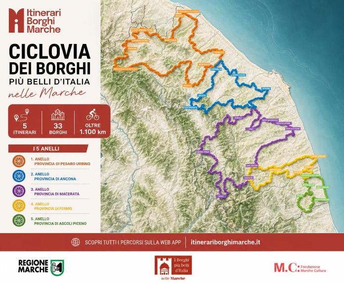 La ciclovia delle Marche divisa per provincia.